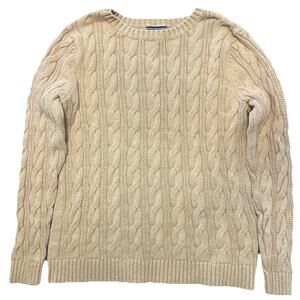Lands End Drifter Tan Cable Knit Sweater M 10-12 Long Sleeve Crew Neck Cotton